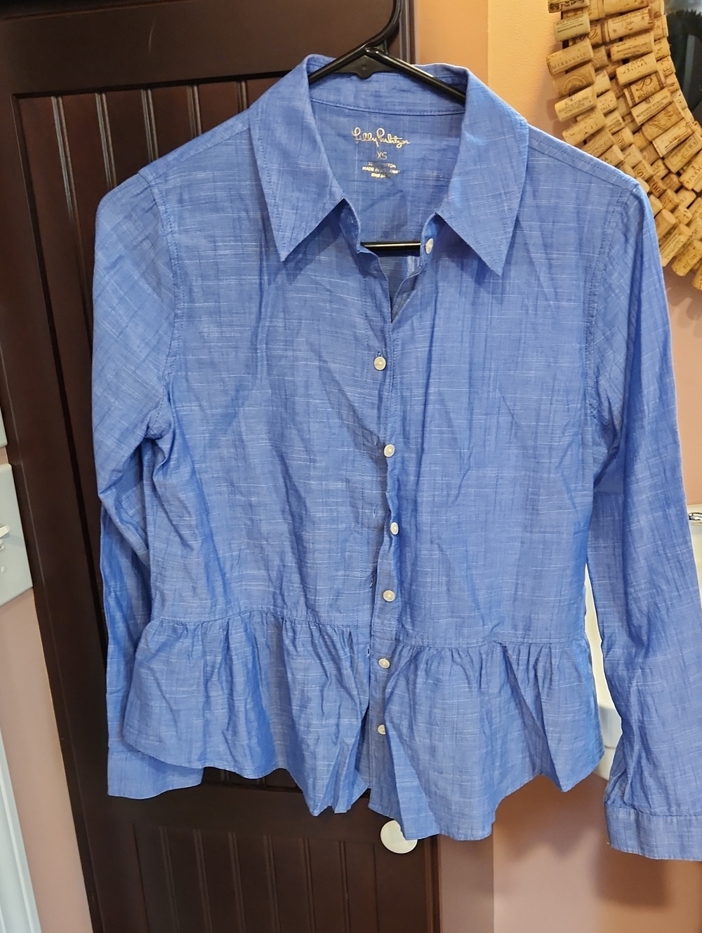 Lilly Pulitzer Blue Button-Front Peplum Shirt Long Sleeve XS